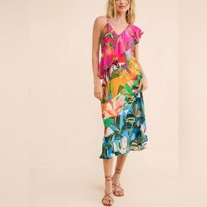 FARM Rio Mixed Flowery Ruffle One Shoulder Midi Dress Size XL